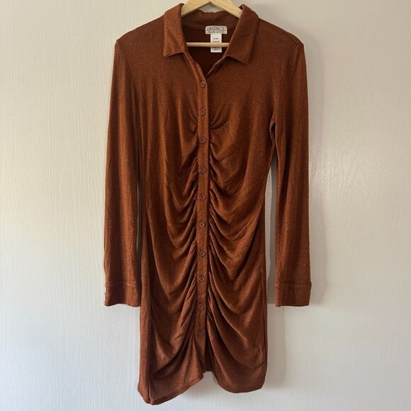 L*Space Womens Scarlett Dress Ruched Bodycon Mini Spice Bronze Shimmer Sz Medium - Picture 2 of 7